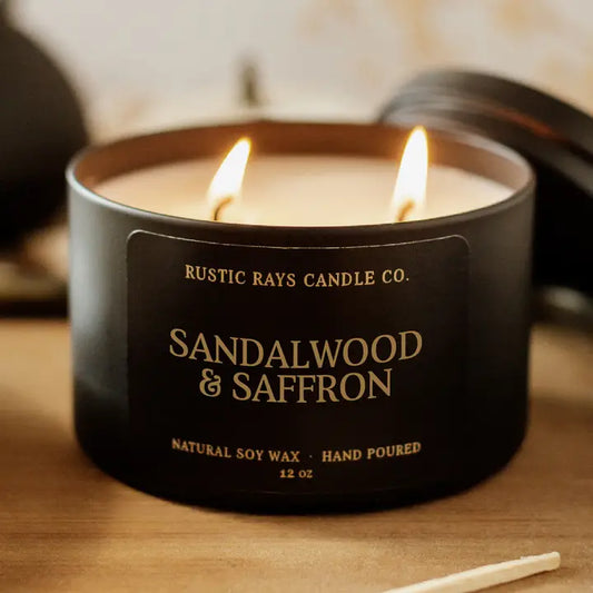 Sandalwood & Saffron Soy Candle - 12 oz Double Wick - Black